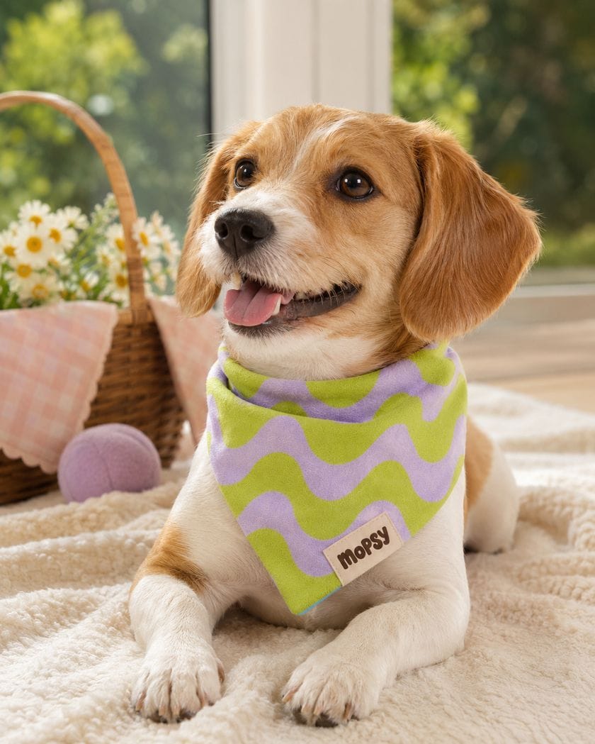 A beagle in a Mopsy wavy bandana