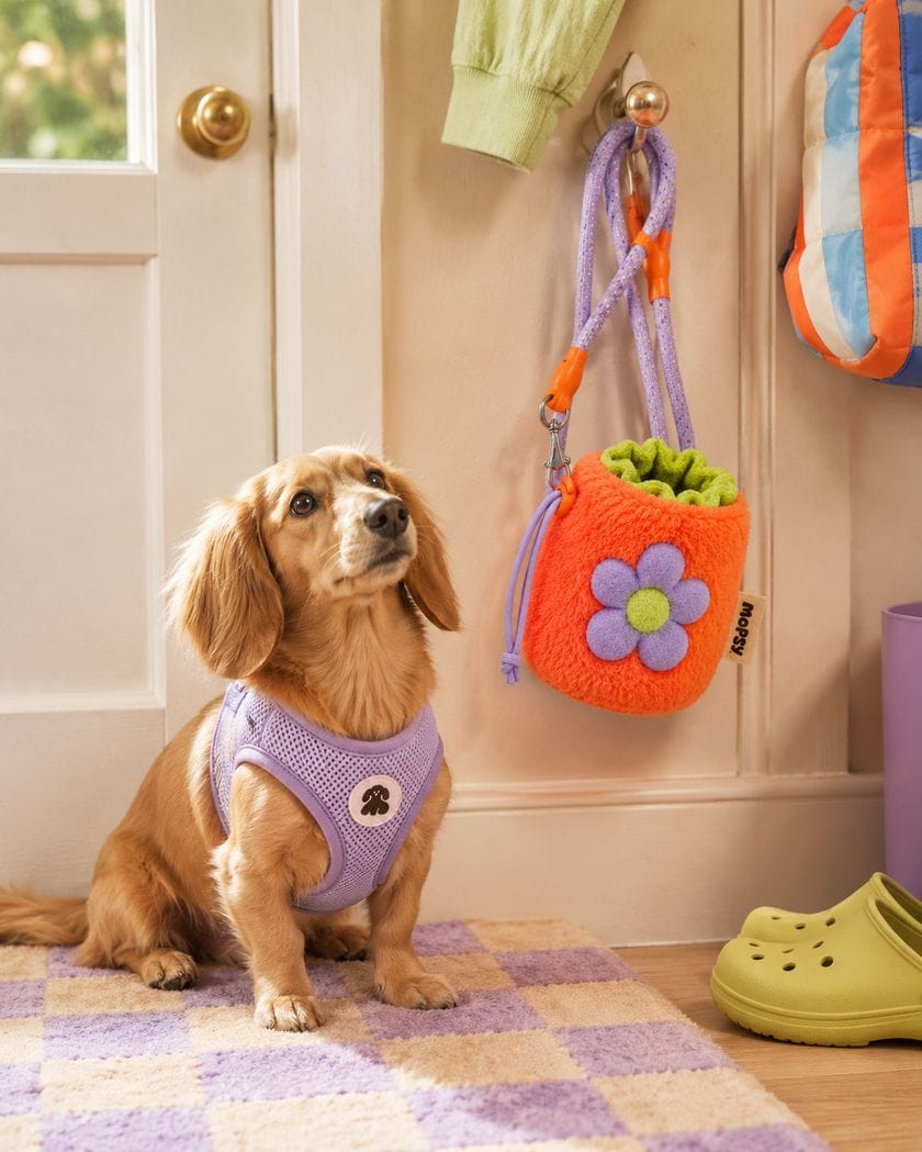 A dachshund beside the orange flower treat pouch