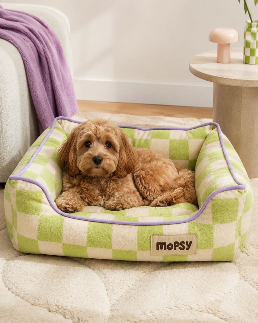 A cavapoo lounging in the green checkerboard bed