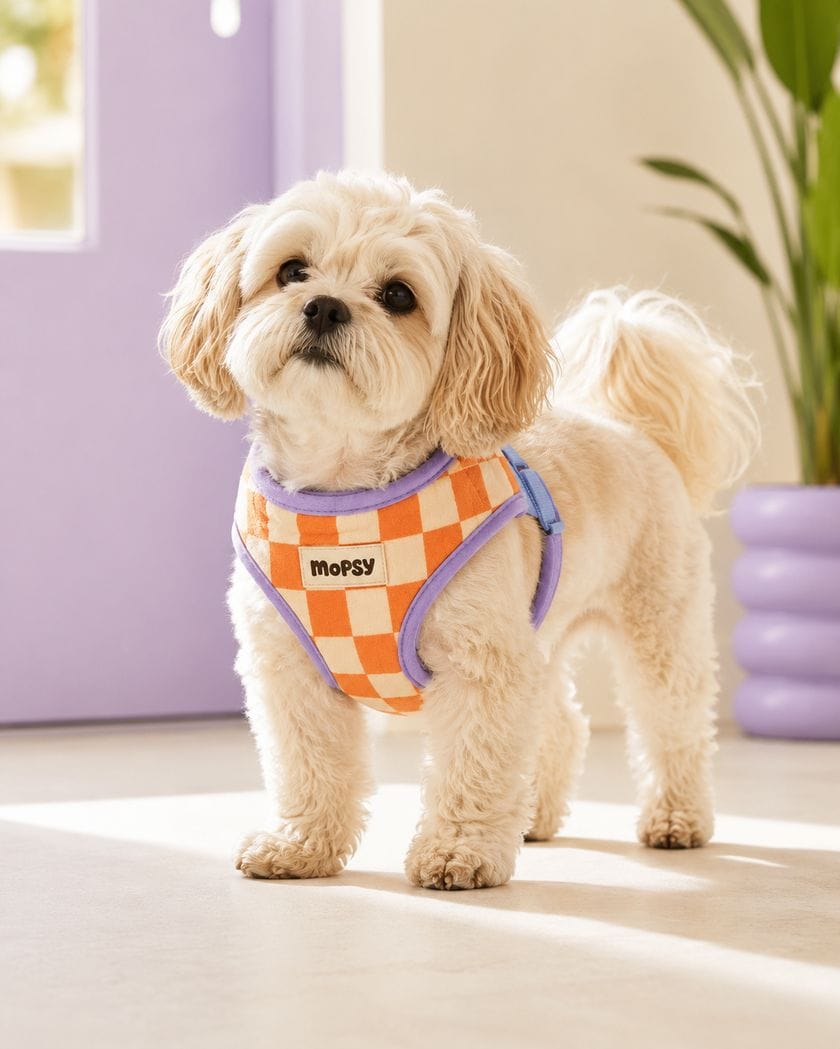 A dog modelling the orange checkerboard step-in harness