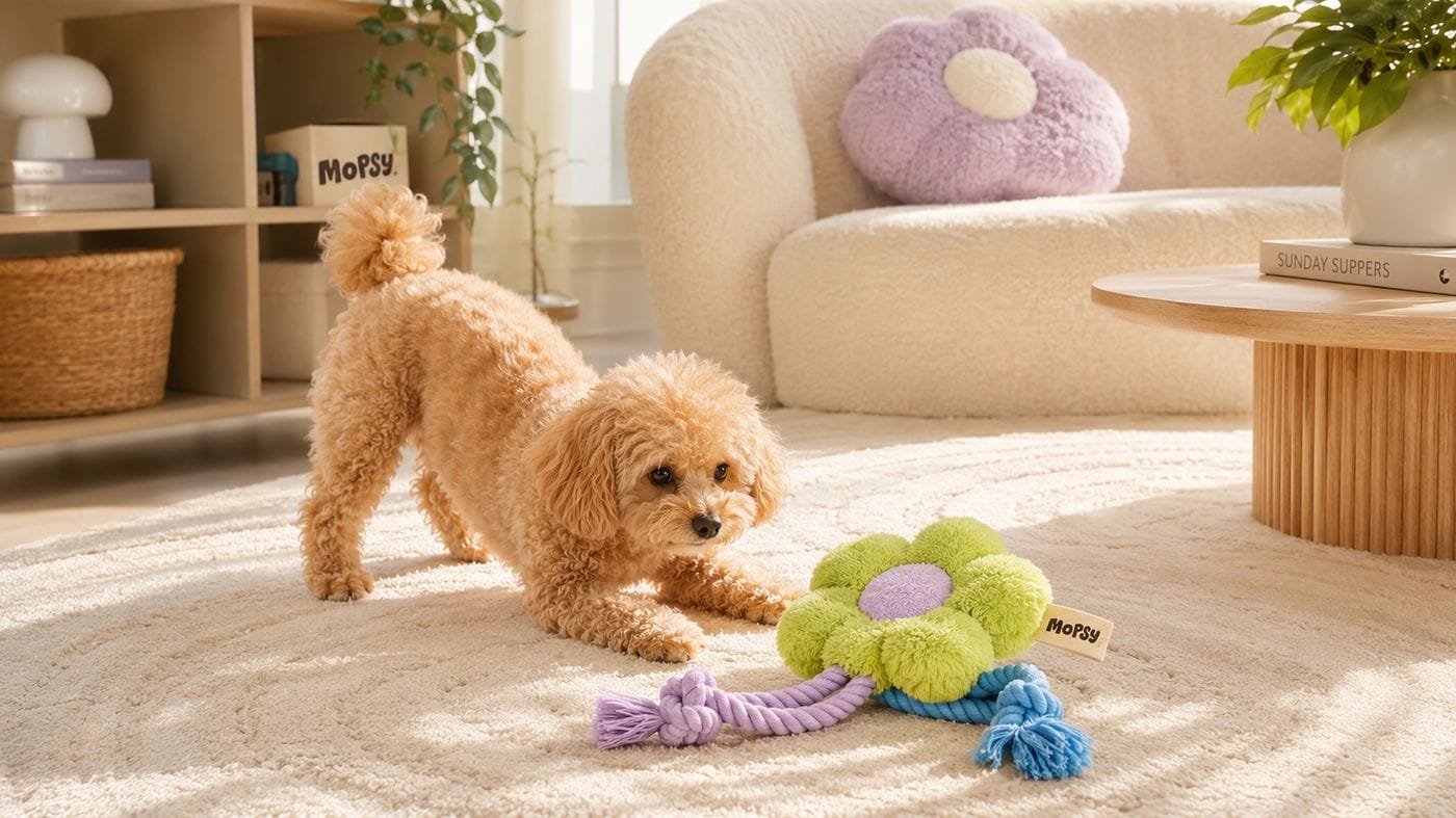 A poodle playing with the flower rope toy