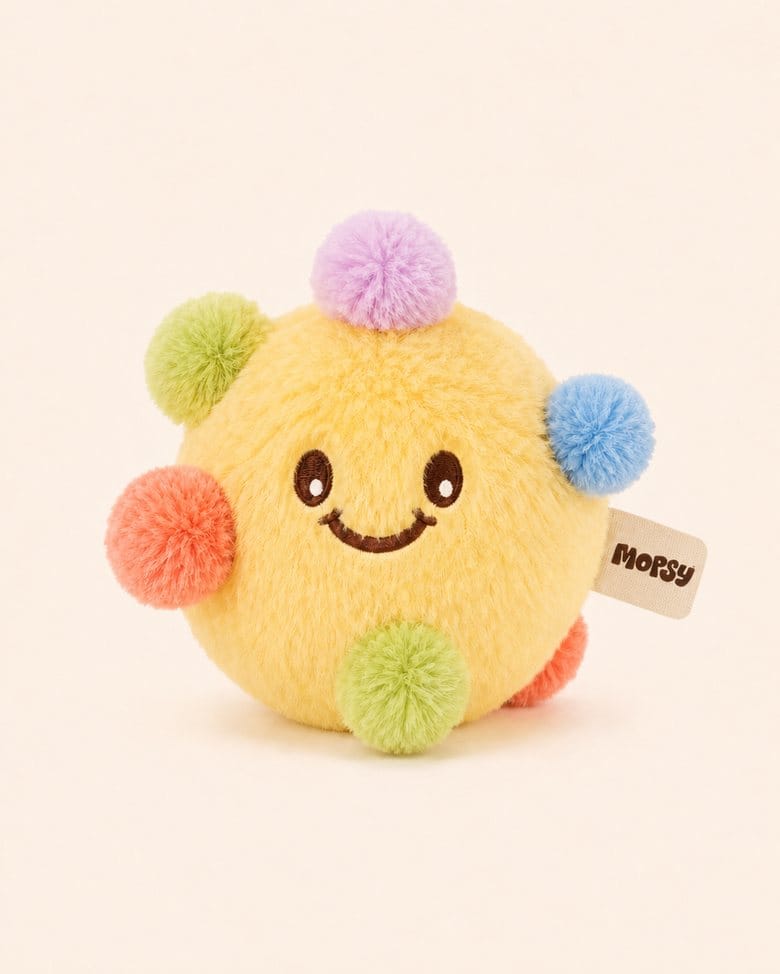 The Pom-Pom Ball, a smiley pom-pom plush toy