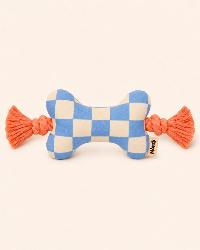 The Checkerboard Bone, a lime plush bone joined to a chunky tug rope