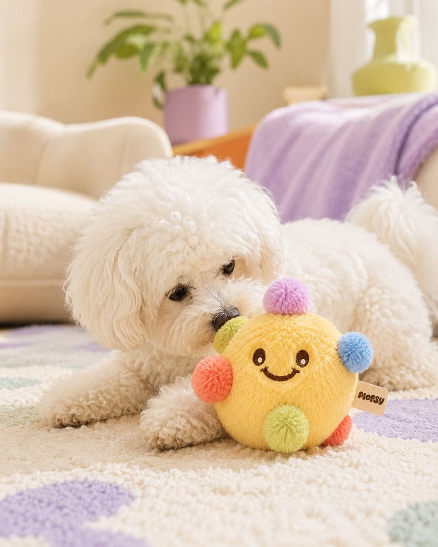A small white dog cuddling the yellow Pom-Pom Ball