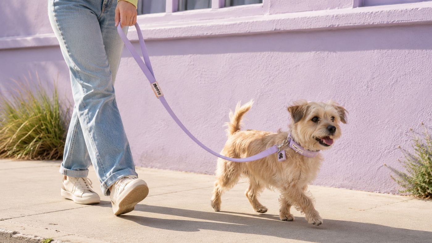 A terrier out on a walk on the lilac Mopsy leash beside a lilac wall